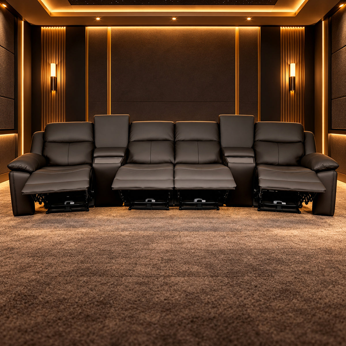 Nelson Black 4 seater home theatre recliner lounge with high backs, two centre consoles and triple motor electric reclining, front view