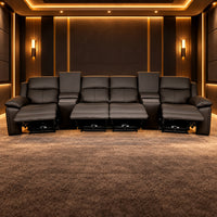Nelson Black 4 seater home theatre recliner lounge with high backs, two centre consoles and triple motor electric reclining, front view