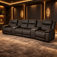 Nelson Black 4 seater home theatre recliner lounge with high backs, two centre consoles and triple motor electric reclining, angled view