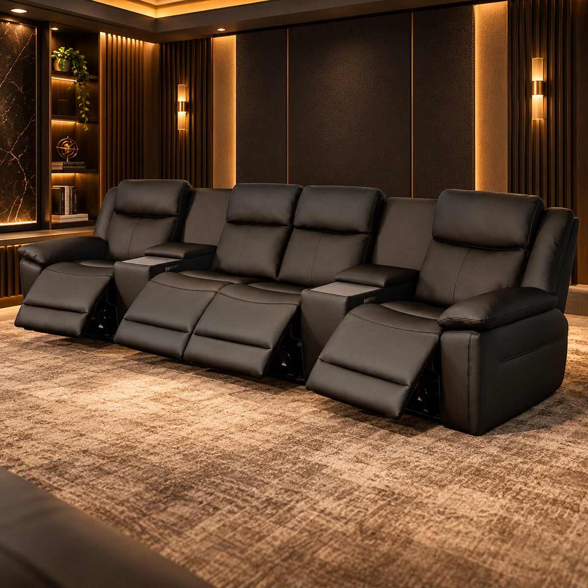 Nelson Black 4 seater home theatre recliner lounge with high backs, two centre consoles and triple motor electric reclining, angled view