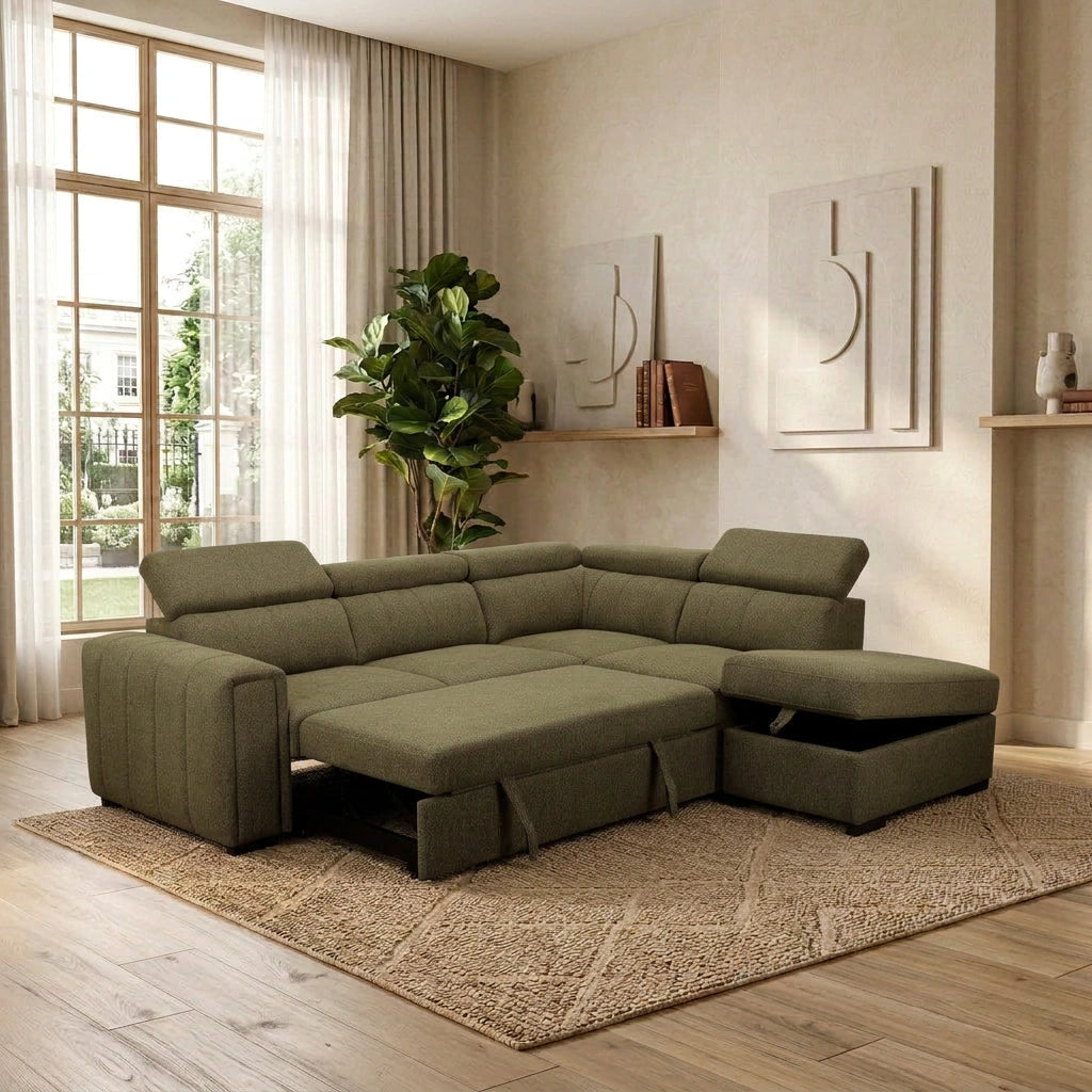 Odelia 3 Seater Chaise Pullout Sofa Bed & Storage Ottoman