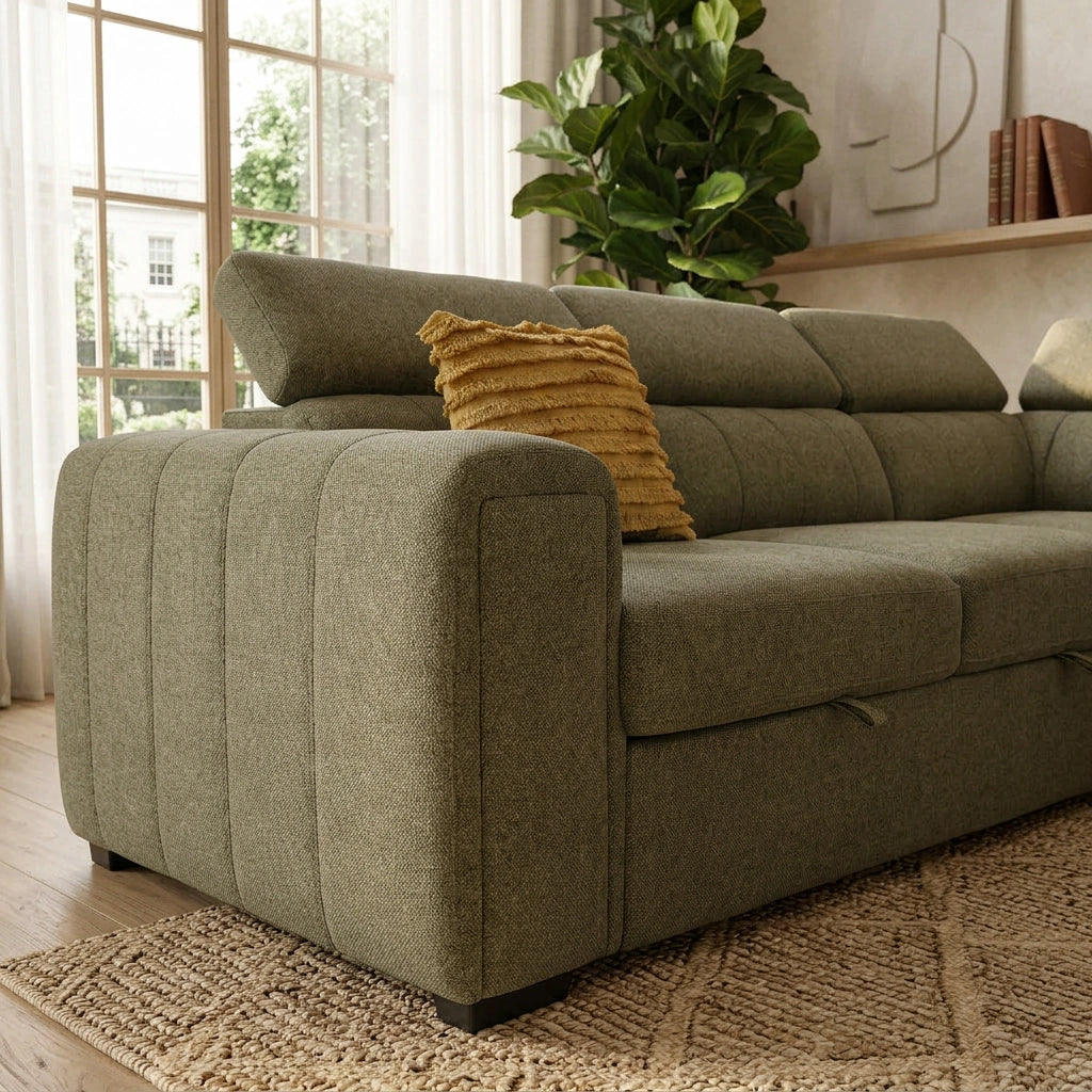 Odelia 3 Seater Chaise Pullout Sofa Bed & Storage Ottoman