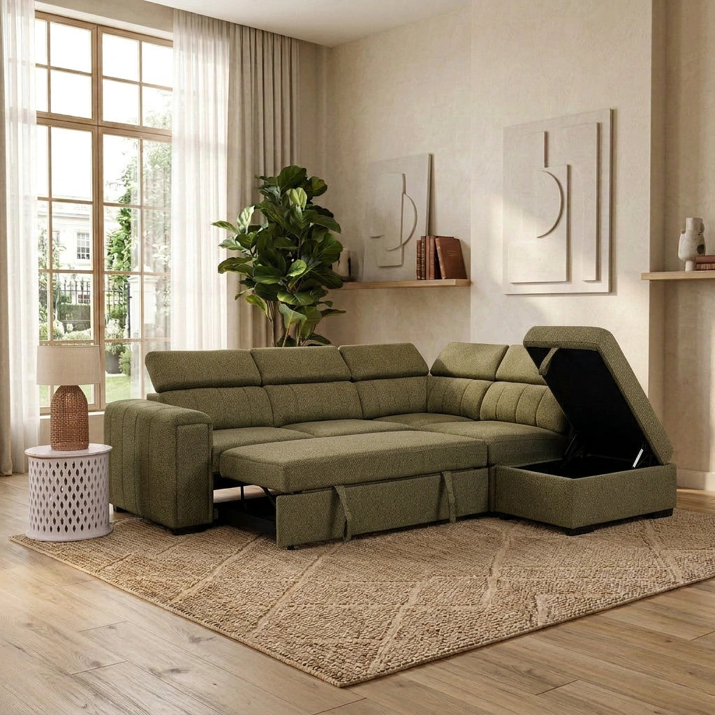Odelia 3 Seater Chaise Pullout Sofa Bed & Storage Ottoman