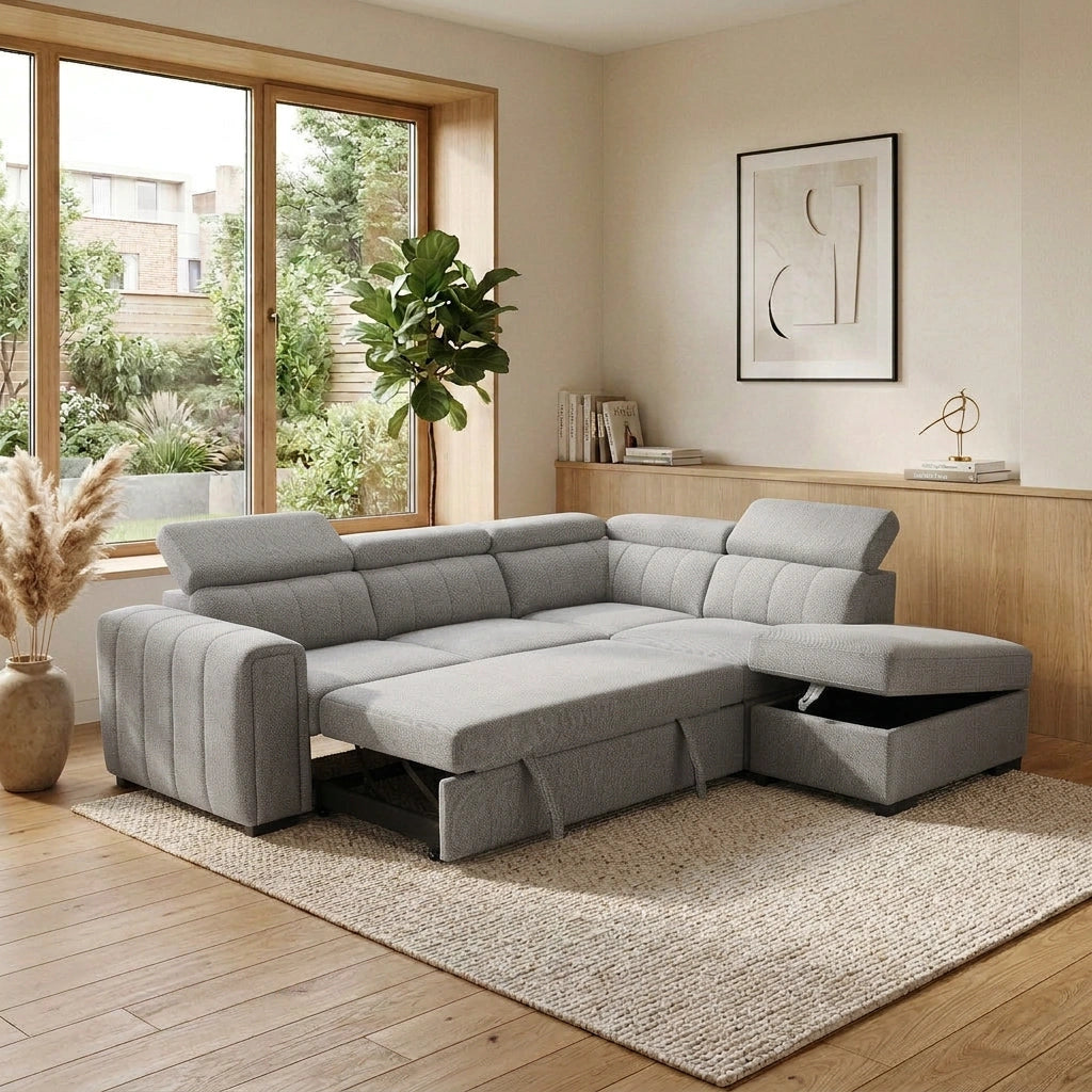 Odelia 3 Seater Chaise Pullout Sofa Bed & Storage Ottoman