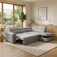 Odelia 3 Seater Chaise Pullout Sofa Bed & Storage Ottoman