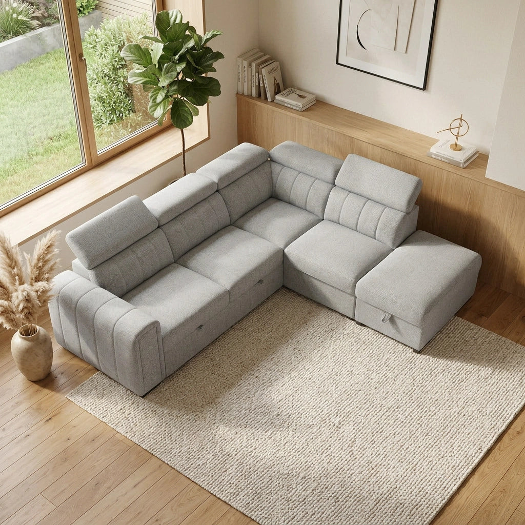 Odelia 3 Seater Chaise Pullout Sofa Bed & Storage Ottoman