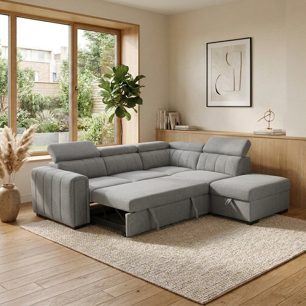 Odelia 3 Seater Chaise Pullout Sofa Bed & Storage Ottoman