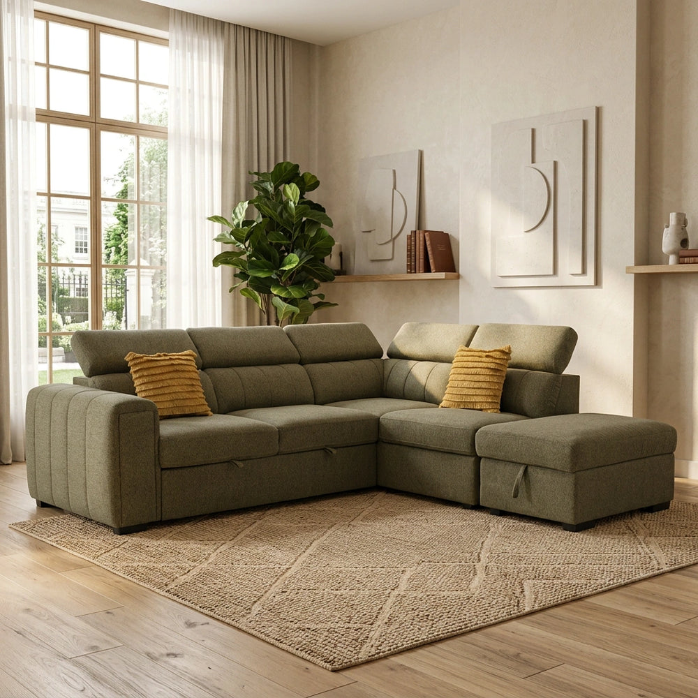 Odelia 3 Seater Chaise Pullout Sofa Bed & Storage Ottoman