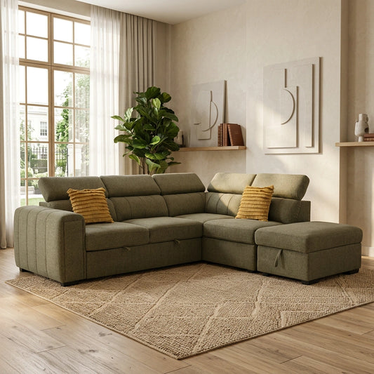 Odelia 3 Seater Chaise Sofa Bed with Storage Ottoman in Green
