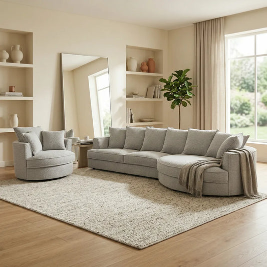 Penthouse 3 Seater Curved Chaise Sofa & Swivel Chair in Grey