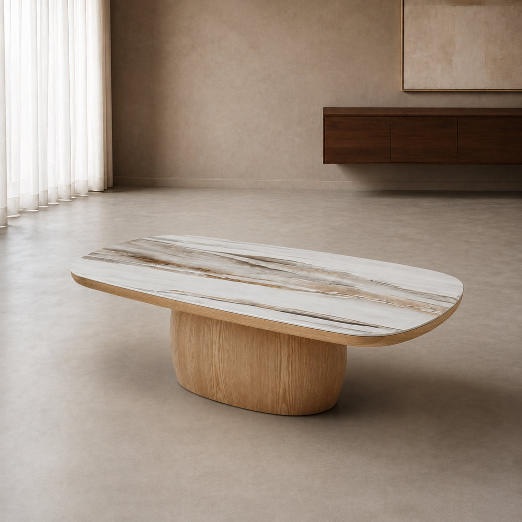 Ravelle 130cm oval marble-look ceramic coffee table with natural oak ash veneer pedestal