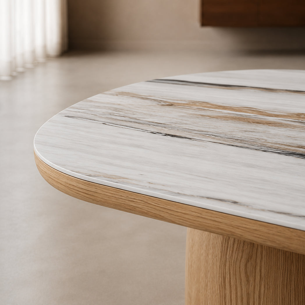 Ravelle 130cm oval marble-look ceramic coffee table with natural oak ash veneer pedestal - detail