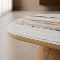 Ravelle 130cm oval marble-look ceramic coffee table with natural oak ash veneer pedestal - detail