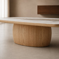 Ravelle 130cm oval marble-look ceramic coffee table with natural oak ash veneer pedestal - leg detail