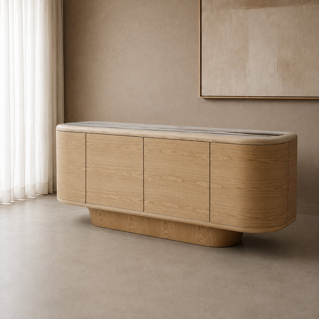 Ravelle 180cm four-door ceramic buffet with natural oak ash veneer pedestal – three-quarter view