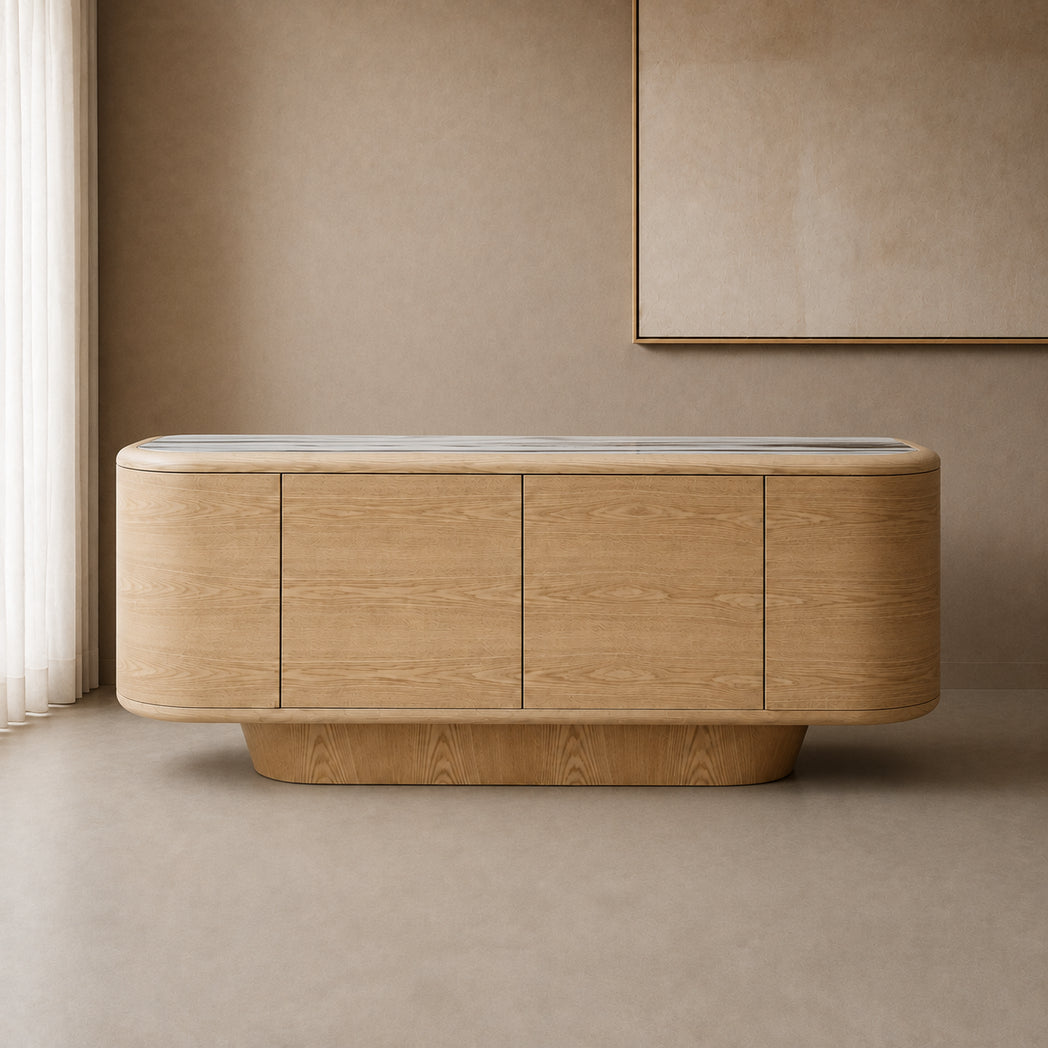 Ravelle 180cm four-door ceramic buffet with natural oak ash veneer pedestal – three-quarter view