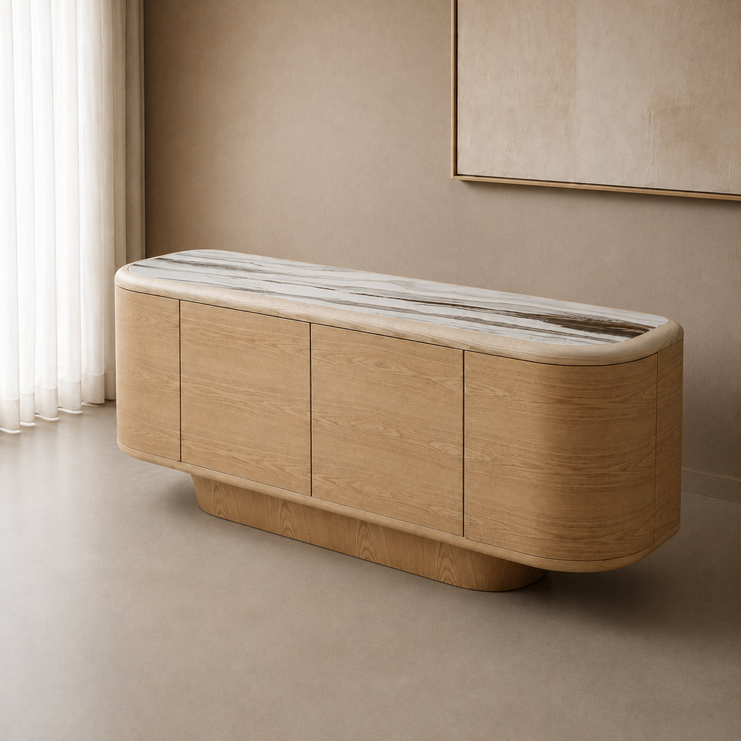 Ravelle 180cm four-door ceramic buffet with natural oak ash veneer pedestal – three-quarter view