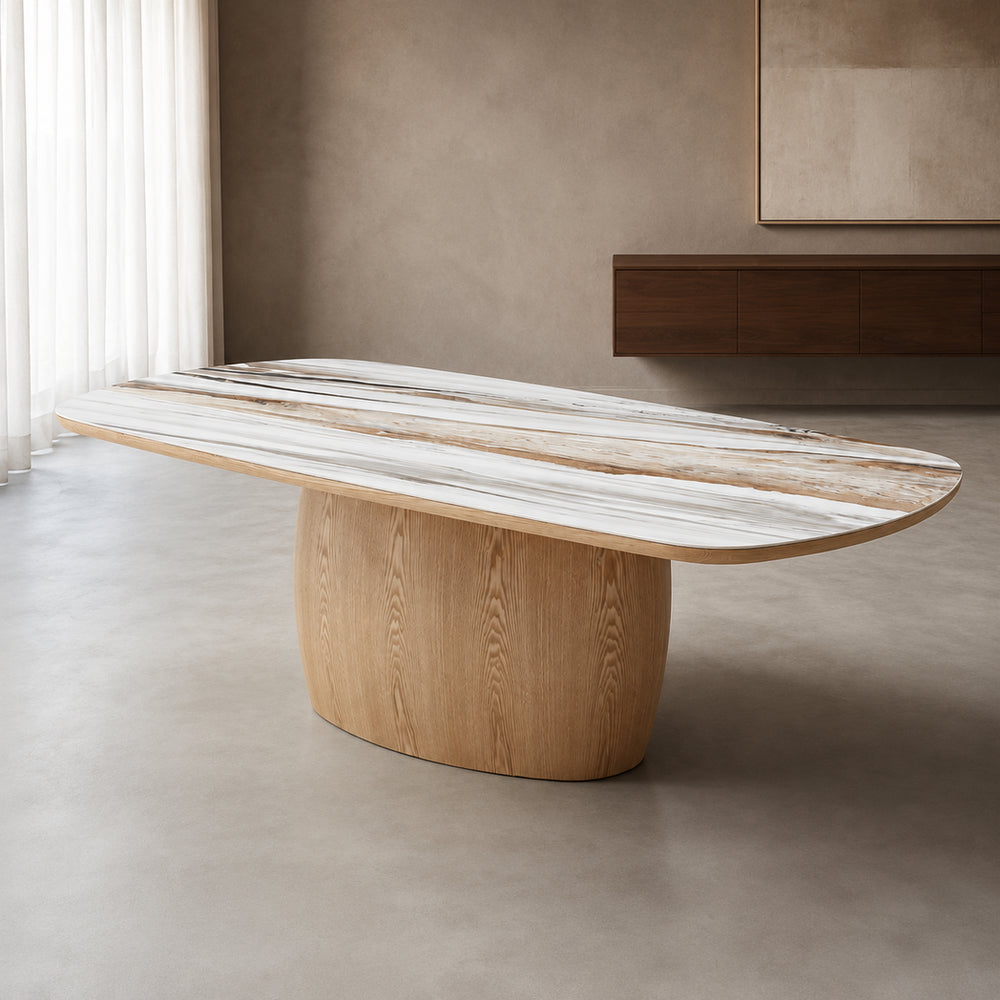 Ravelle 220cm oval marble-look ceramic dining table with natural oak ash veneer pedestal – front three-quarter view