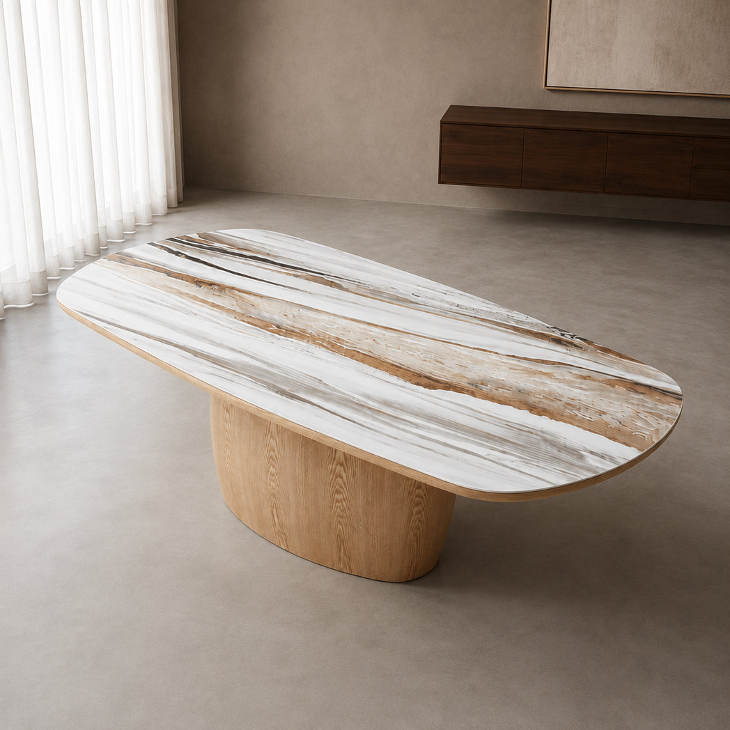 Ravelle 220cm oval marble-look ceramic dining table with natural oak ash veneer pedestal – front three-quarter view