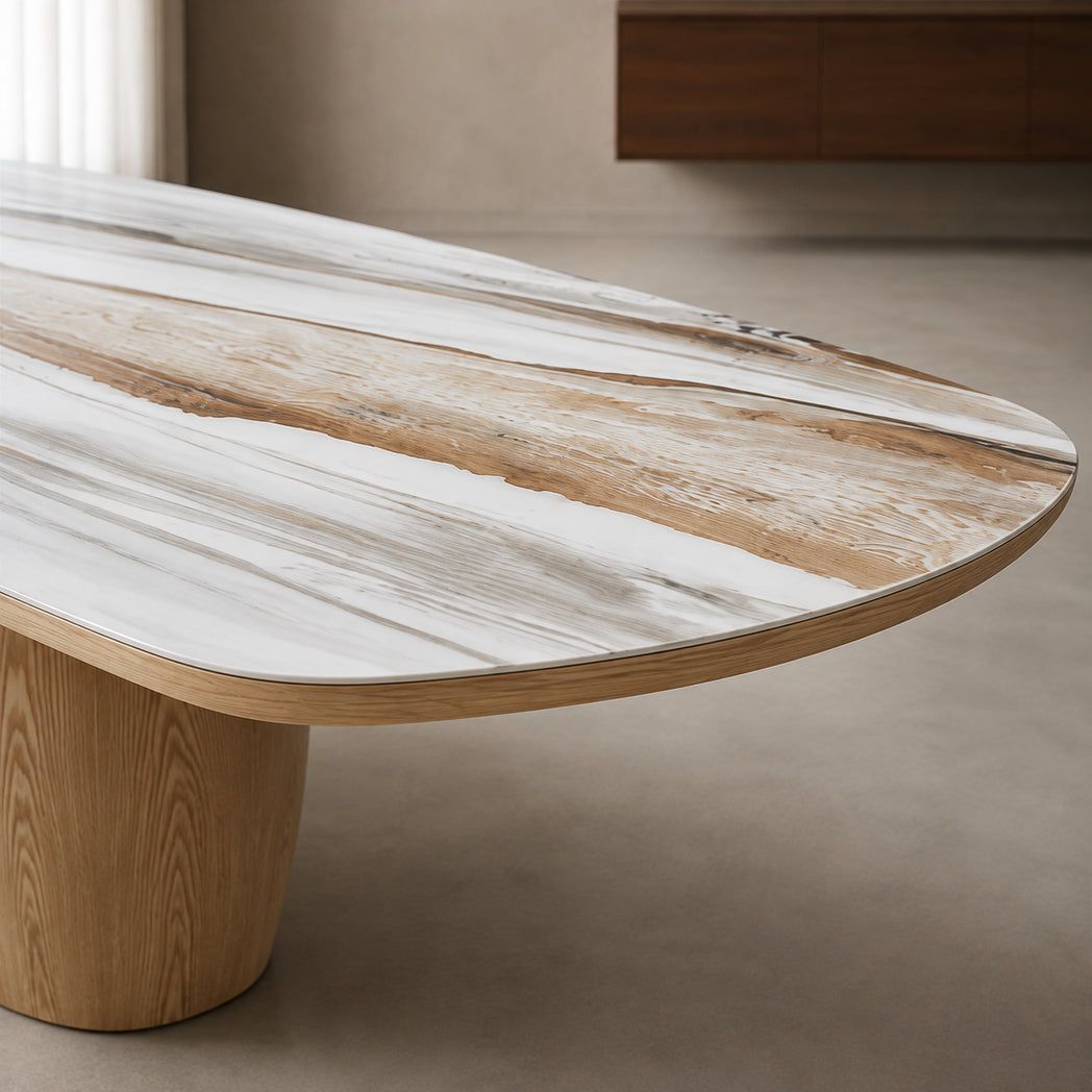 Ravelle 220cm oval marble-look ceramic dining table with natural oak ash veneer pedestal – ceramic detail