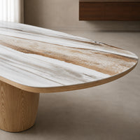 Ravelle 220cm oval marble-look ceramic dining table with natural oak ash veneer pedestal – ceramic detail