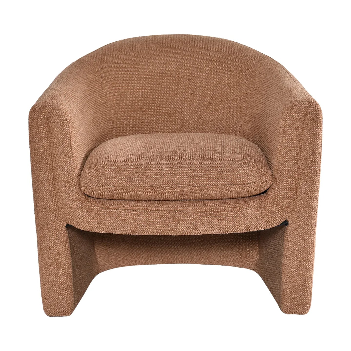 A modern barrel-style armchair upholstered in a textured, woven tan-brown fabric, shown from a front-facing perspective on a solid white background.