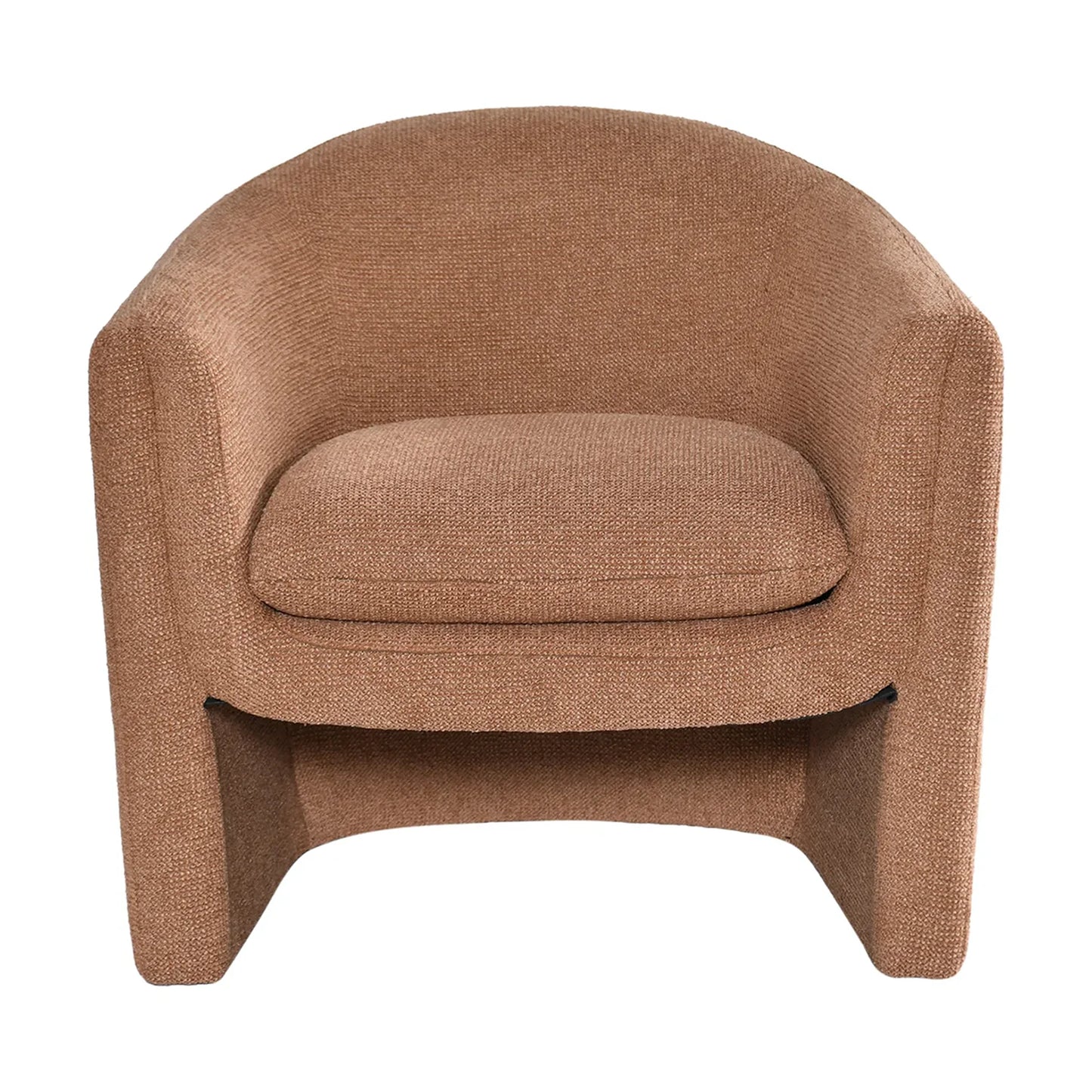 A modern barrel-style armchair upholstered in a textured, woven tan-brown fabric, shown from a front-facing perspective on a solid white background.