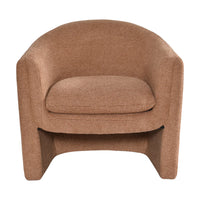 A modern barrel-style armchair upholstered in a textured, woven tan-brown fabric, shown from a front-facing perspective on a solid white background.
