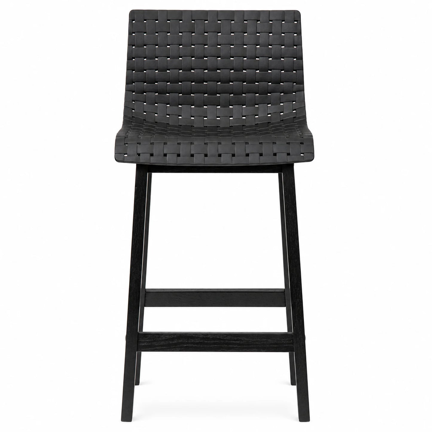 A modern black bar stool with a woven textured seat and backrest, supported by a slim black metal frame with a footrest.