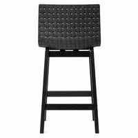 A modern black bar stool with a woven textured seat and a slim wooden frame, shown from the front against a plain white background.