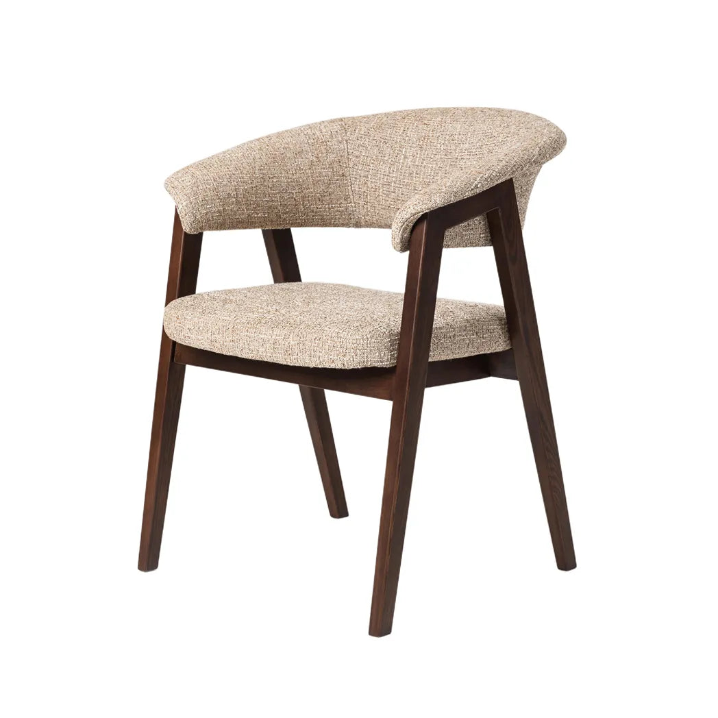 Rovano beige textured fabric dining chair with dark walnut ash wood legs – front three-quarter view