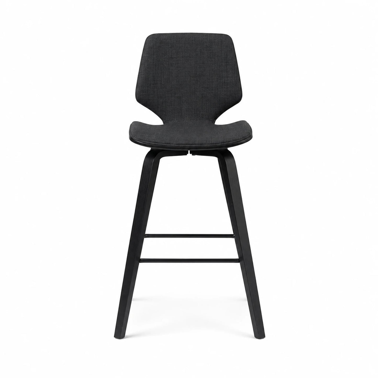 A modern bar stool with a dark gray textured fabric seat and backrest, supported by a black metal frame with four legs and a footrest.