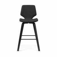 A modern bar stool with a dark gray textured fabric seat and backrest, supported by a black metal frame with four legs and a footrest.
