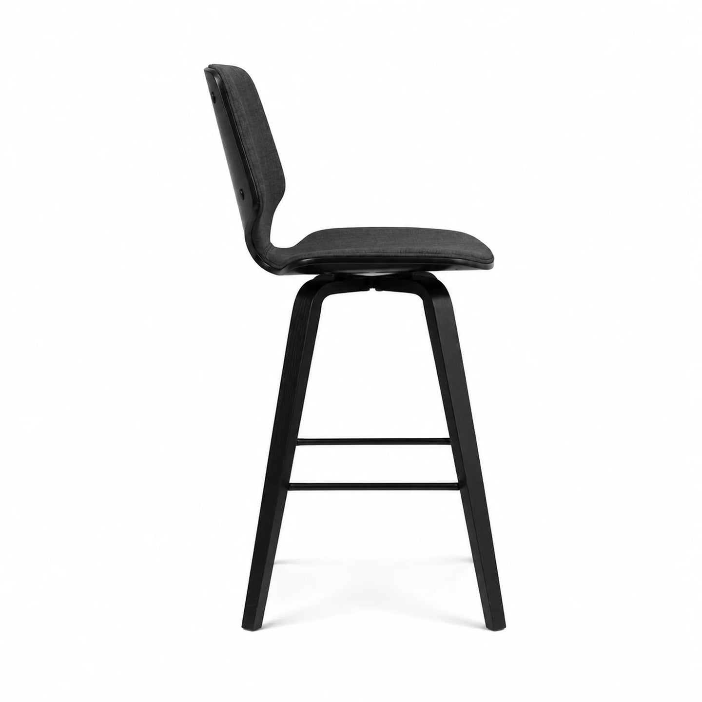 A modern black bar stool with a curved backrest, padded seat, and four tapered legs, shown from a side profile on a white background.