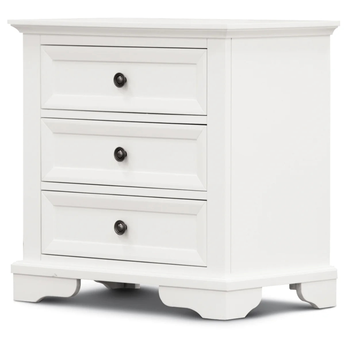 A white three-drawer nightstand with dark round knobs and a classic shaker-style design, shown on a clean white background.