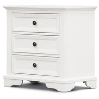 A white three-drawer nightstand with dark round knobs and a classic shaker-style design, shown on a clean white background.