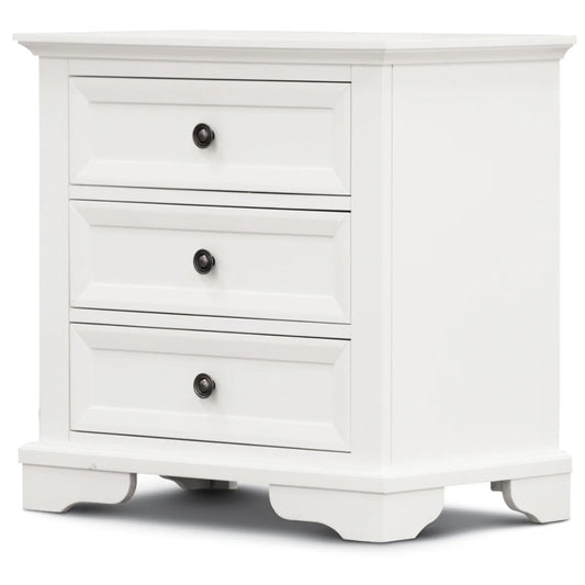 A white three-drawer nightstand with dark round knobs and a classic shaker-style design, shown on a clean white background.