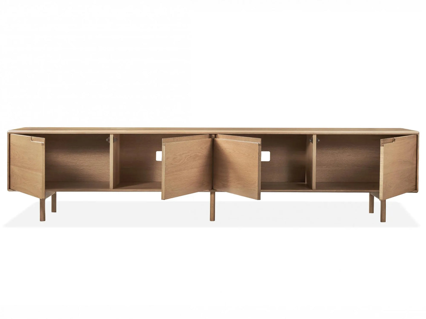 Sano 240cm natural white oak veneer TV unit – doors open