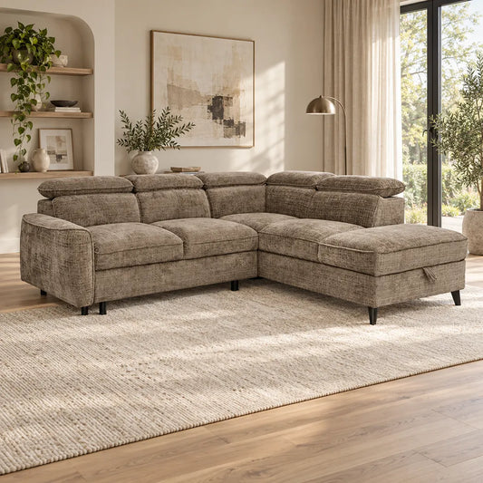 Selma Truffle sofa bed with right-hand-facing storage chaise, adjustable headrests and open pull-out bed and gaslift storage