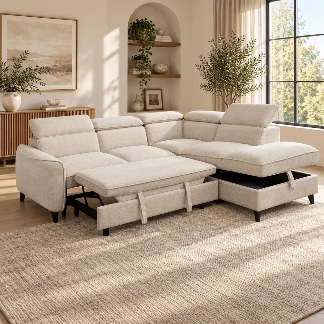 Selma Oat sofa bed with right-hand-facing storage chaise, adjustable headrests and open pull-out bed and gaslift storage