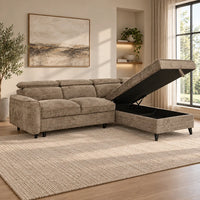 Selma Truffle sofa bed with right-hand-facing storage chaise, adjustable headrests and open pull-out bed and gaslift storage - detail