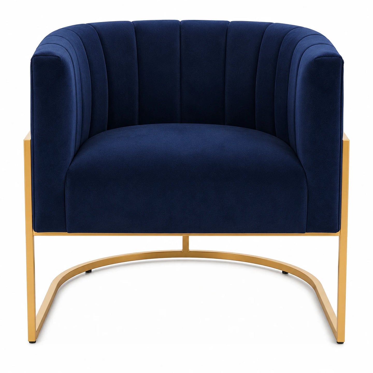A modern barrel-style armchair upholstered in deep navy blue velvet with a curved gold metal frame and base, shown against a plain white background.