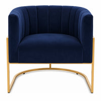 A modern barrel-style armchair upholstered in deep navy blue velvet with a curved gold metal frame and base, shown against a plain white background.