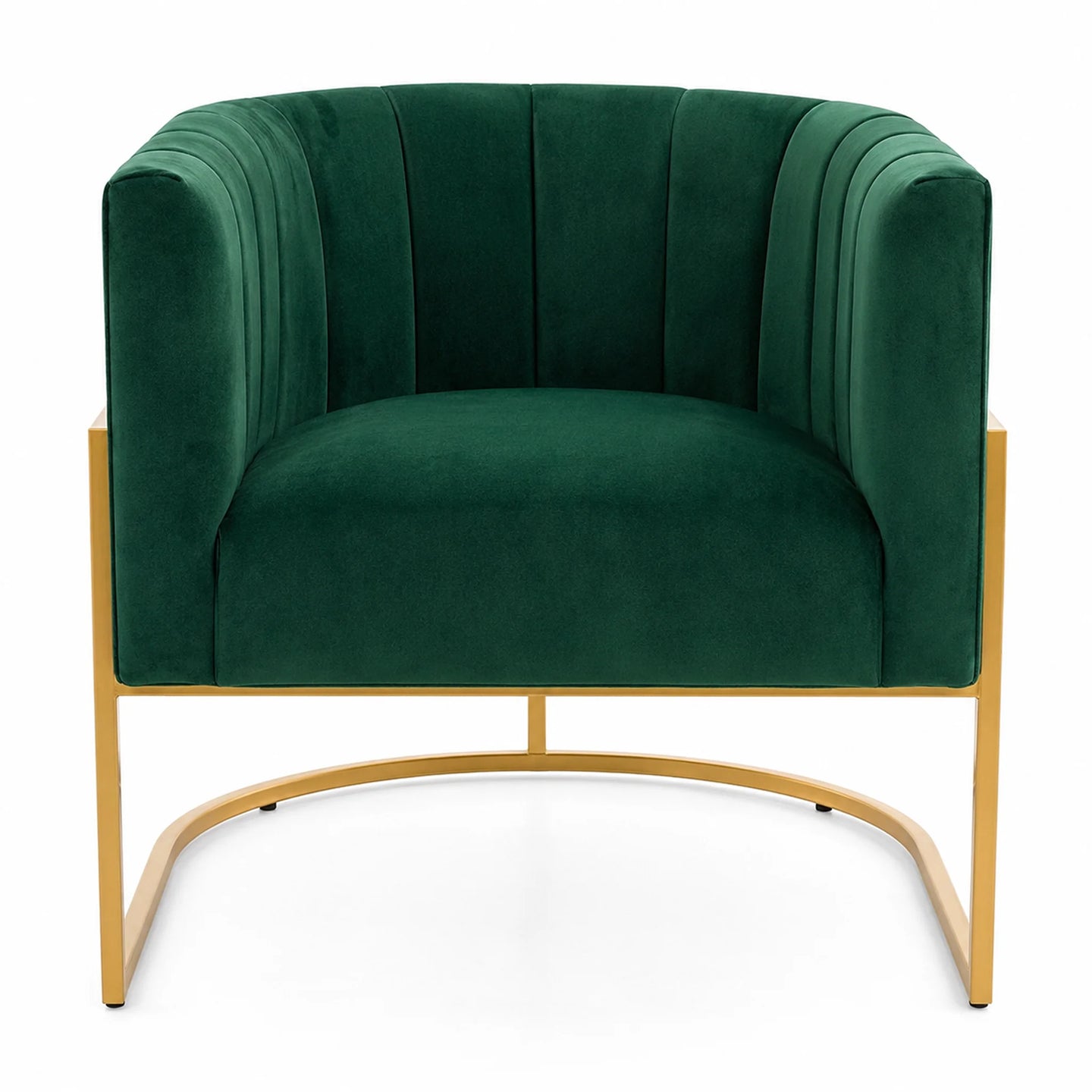A modern barrel-style accent chair upholstered in deep emerald green velvet with a curved gold metal frame, shown against a plain white background.