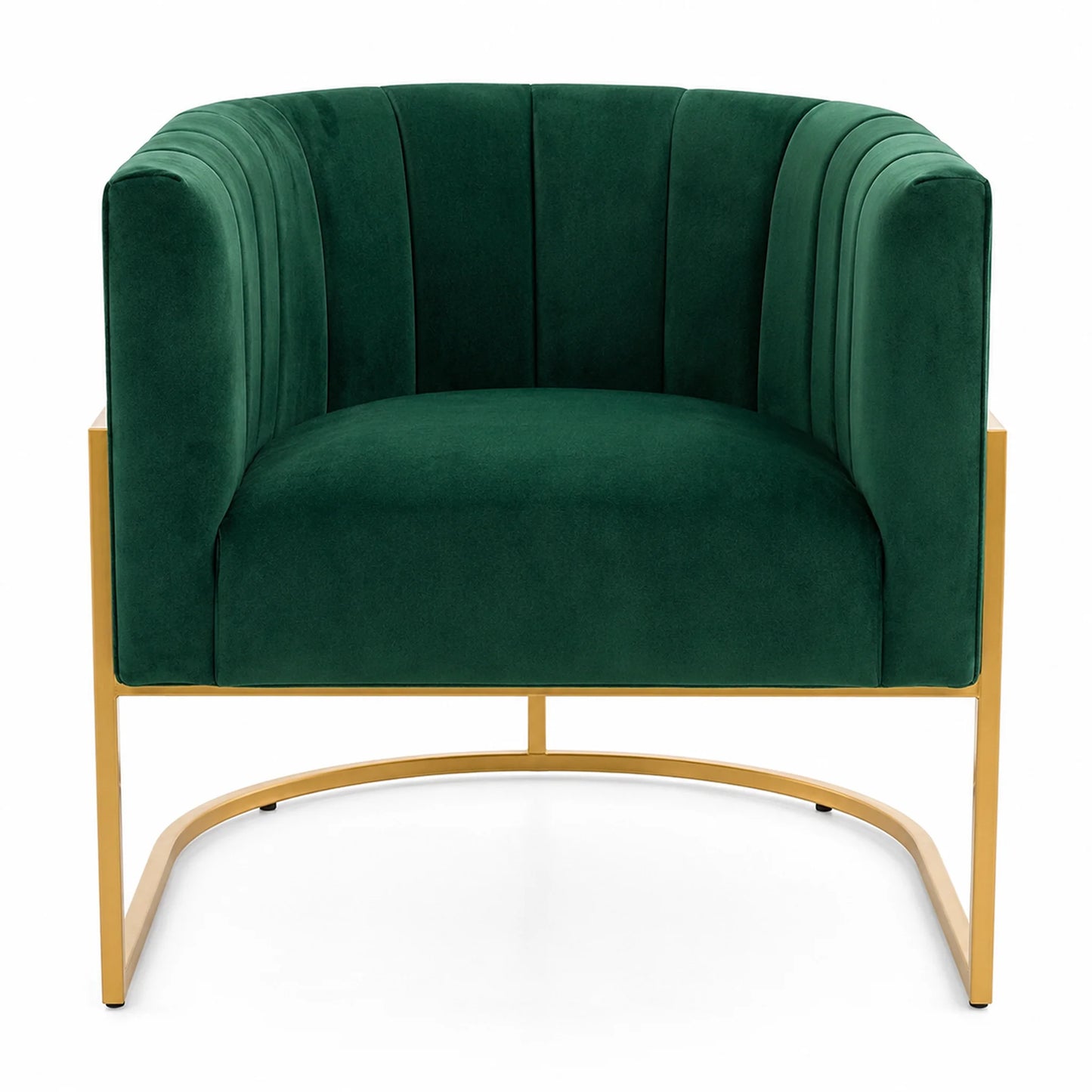 A modern barrel-style accent chair upholstered in deep emerald green velvet with a curved gold metal frame, shown against a plain white background.