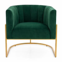 A modern barrel-style accent chair upholstered in deep emerald green velvet with a curved gold metal frame, shown against a plain white background.