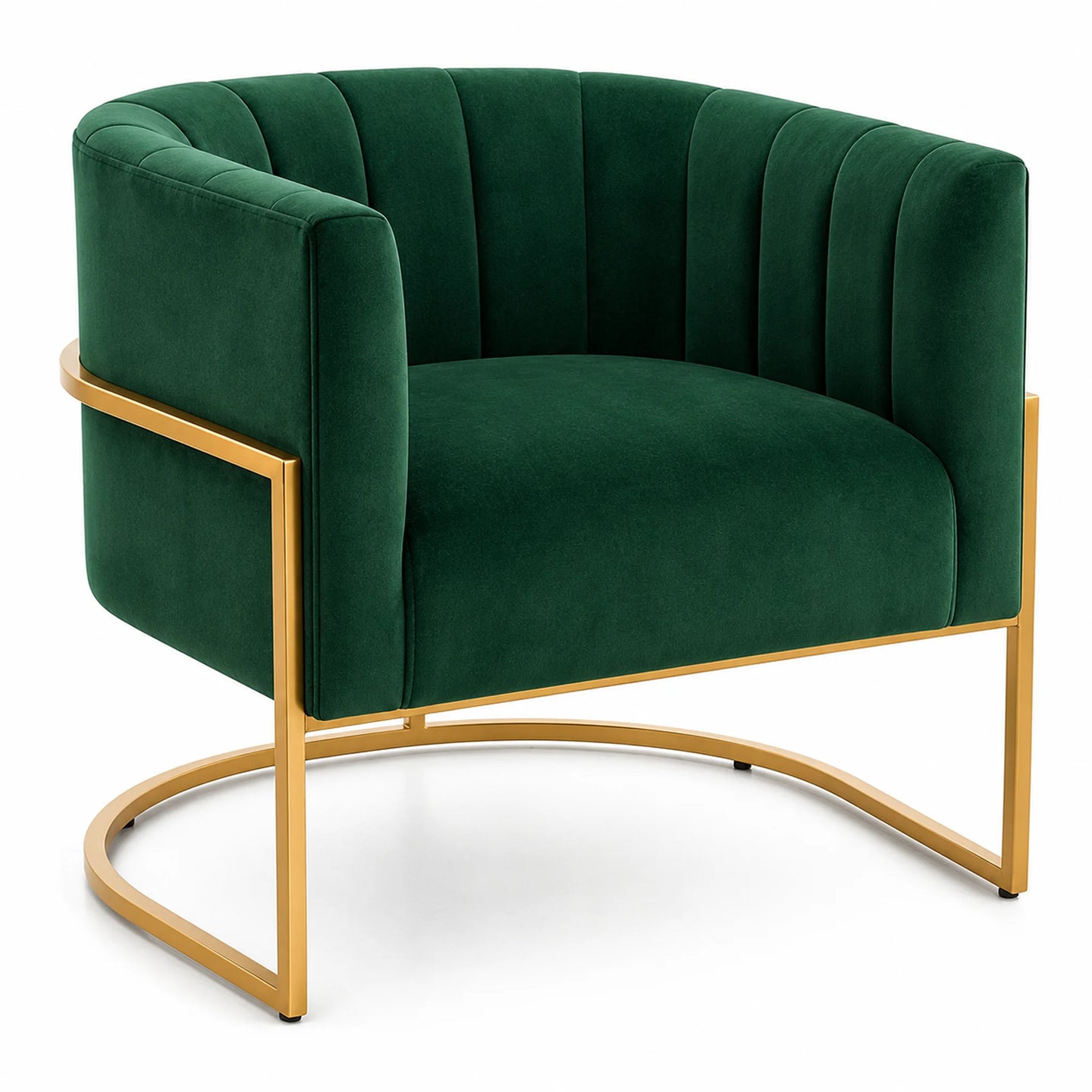 A modern accent chair upholstered in deep emerald green velvet with a curved gold metal frame and base, shown on a clean white background.