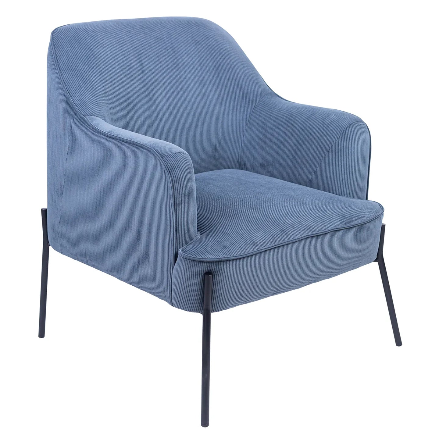 A modern blue corduroy armchair with slim black metal legs, shown from a three-quarter angle on a plain white background.