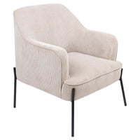 A modern accent chair upholstered in a light beige corduroy fabric with slim black metal legs, shown against a plain white background.