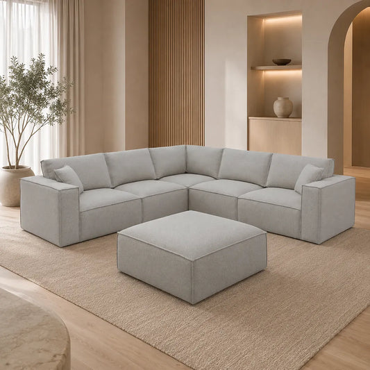Shelly 5 Seater Modular Corner Sofa with Ottoman in Beige